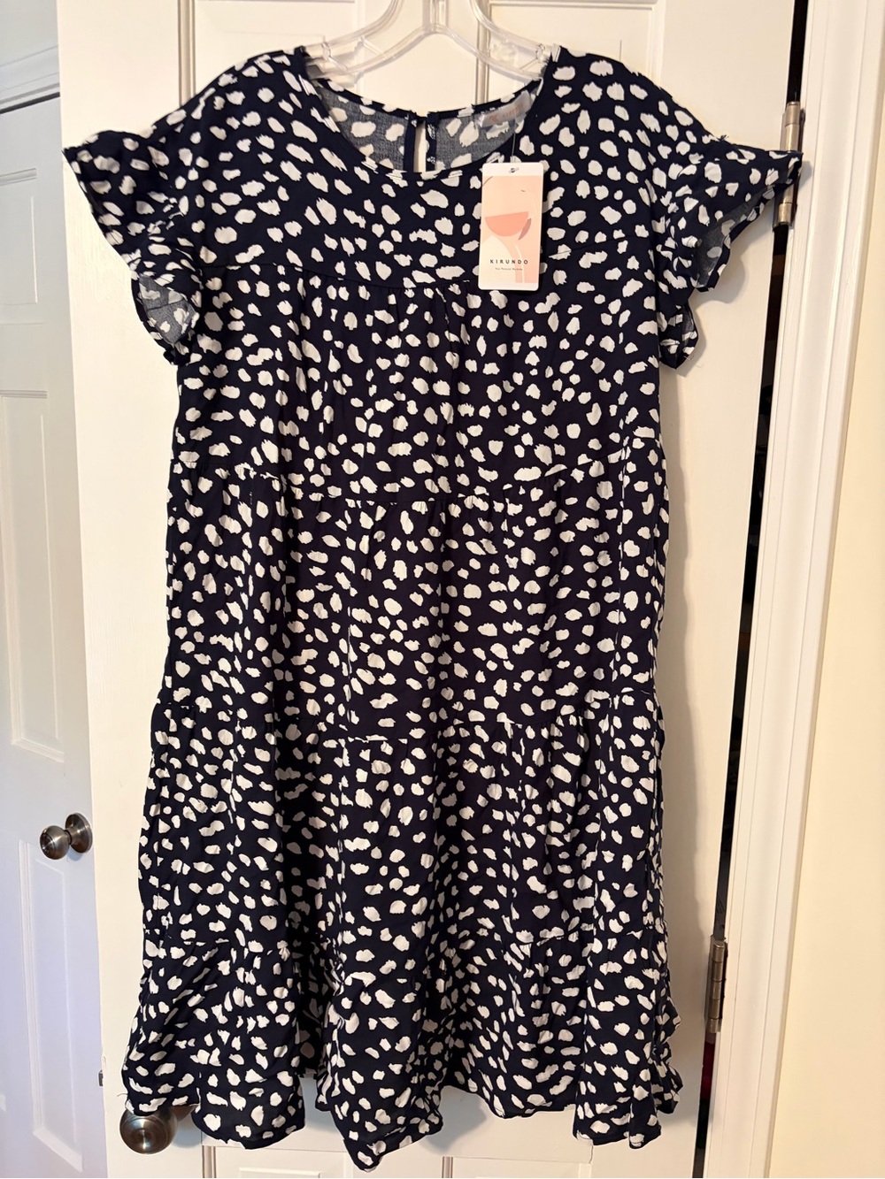 Navy Printed Tiered Flutter-Sleeve Dress